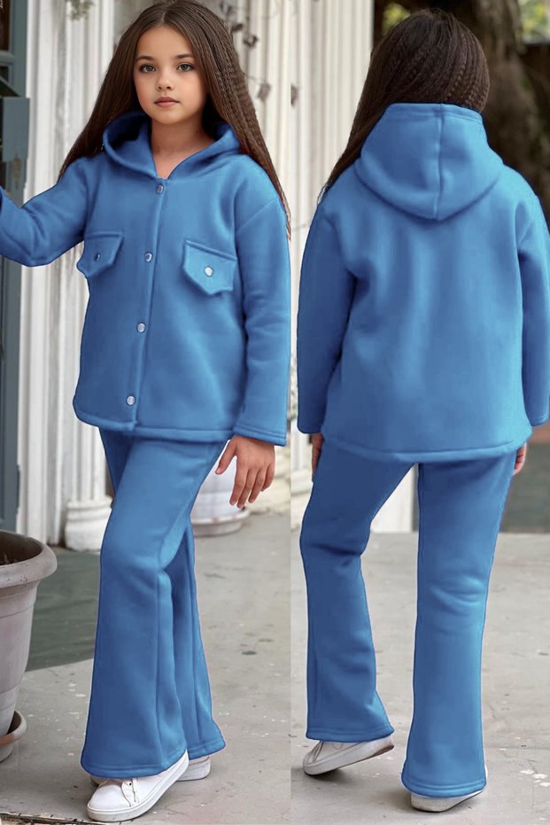 3 Thread Raised Winter Loose Leg Bottom Top Girls' Tracksuit Set with Snap Fastener Fleece