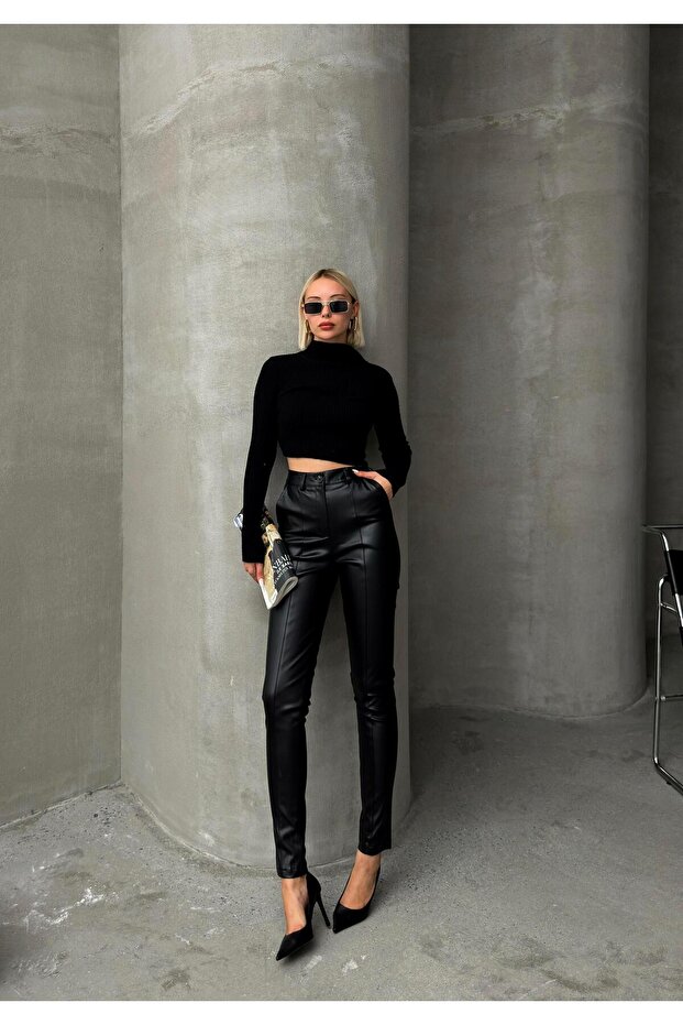 Leather Look Skinny Fit Trousers with Stitching Detail Black 7562
