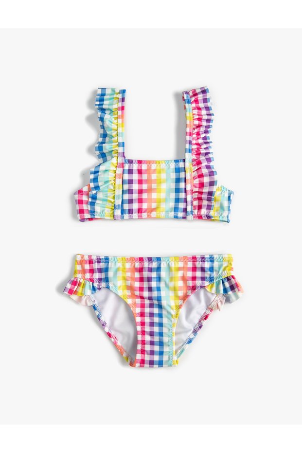 Plaid Print Bikini Set - Textured and Ruffled