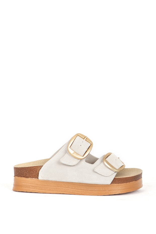 Women's Double Strap Buckled Slippers Genuine Suede Leather Zy 7774 Beige
