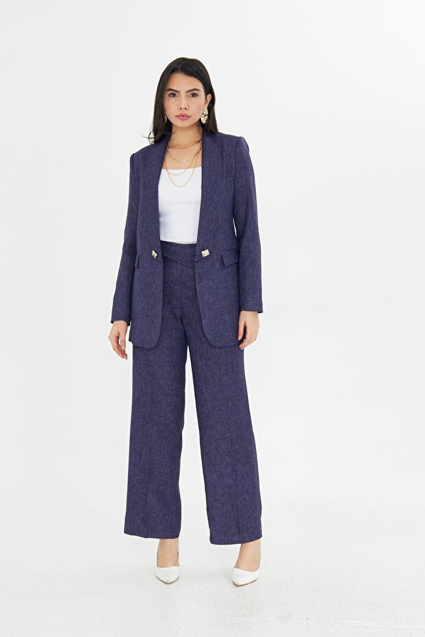 Kare Düğmeli Yünefekt Takım Lacivert Desenli - 8