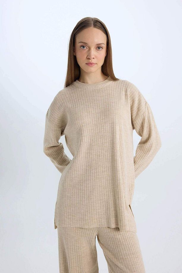 Relax Fit Bisiklet Yaka Basic Düz Triko Tunik Kazak E2938ax24wn - 3
