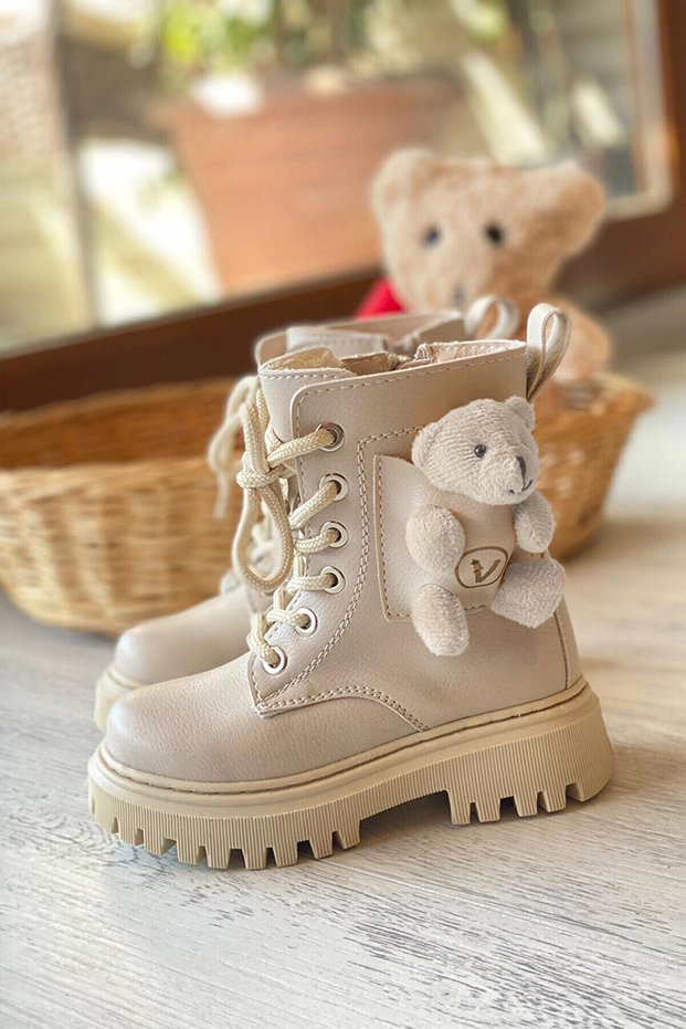 Cold-Proof Non-Slip Sole Girls' Boots with Teddy Bear, Zippered Girls' Cream Boots, Beige Kids' Boots