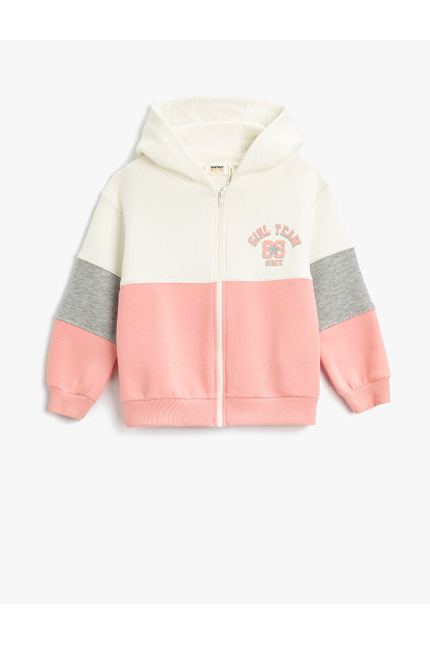 Zipper Sweatshirt Hooded Color Block Print Detailed