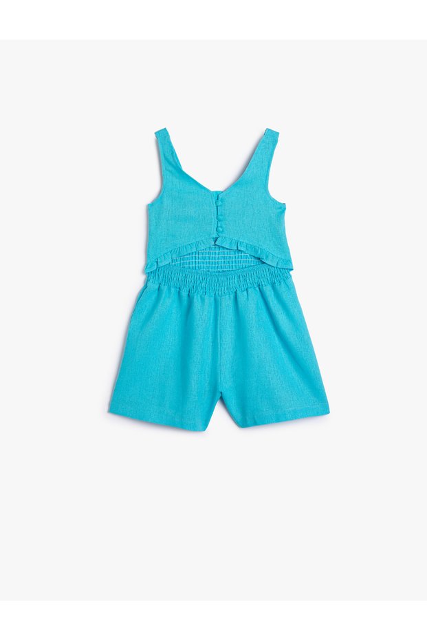 Suspender Linen Shorts Jumpsuit with Window Detail and Guipes