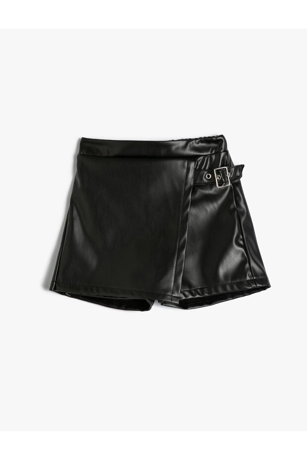 Shorts Skirt Leather Look with Elastic Waist Buckle Detail