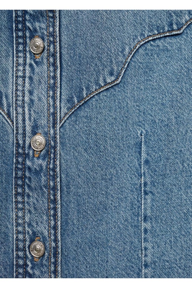 Dikişli denim gömlek - 7