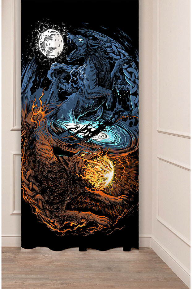 Hati Sköll Scandinavian Methodology Printed Background Curtain (Single Panel) Pagan Viking Wolves Curtain