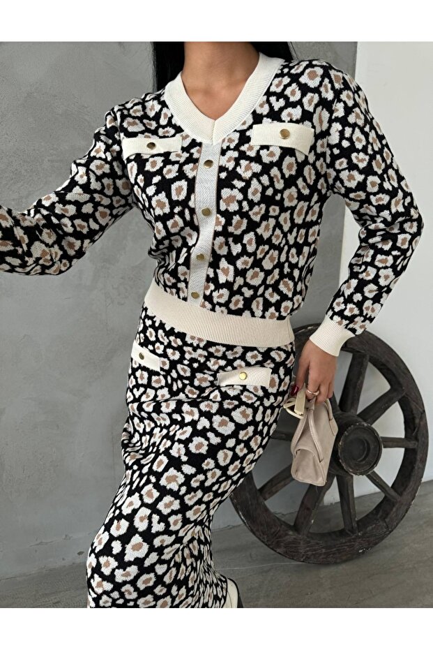 Leopard Pattern Button V-Neck Skirt Suit - 1
