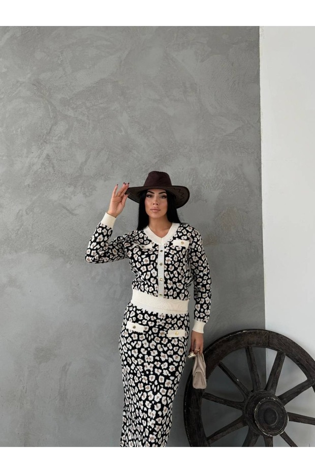 Leopard Pattern Button V-Neck Skirt Suit - 3