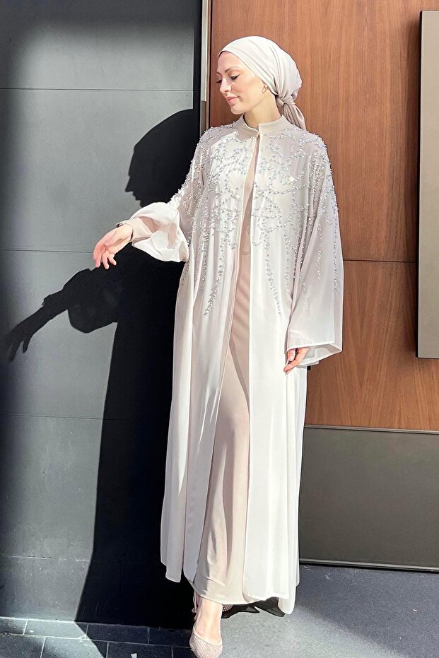 Stone-Embellished Abaya Beige