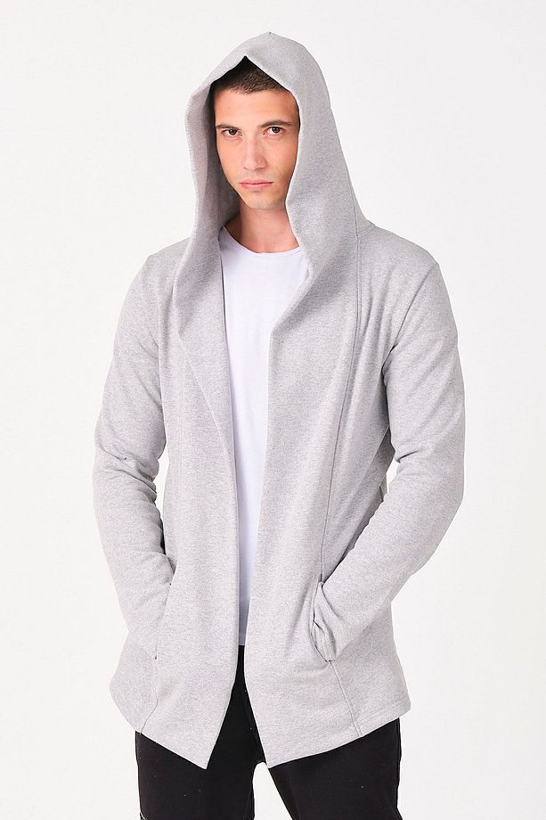 Erkek Gri Regular Fit Kapüşonlu Uzun Panço Hırka - 3