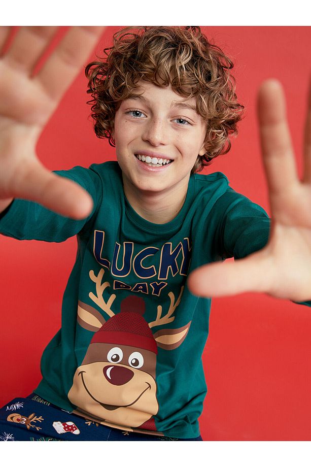 Lcwk Bisiklet Yaka Yılbaşı Temalı Erkek Çocuk Pijama Takımı - 1