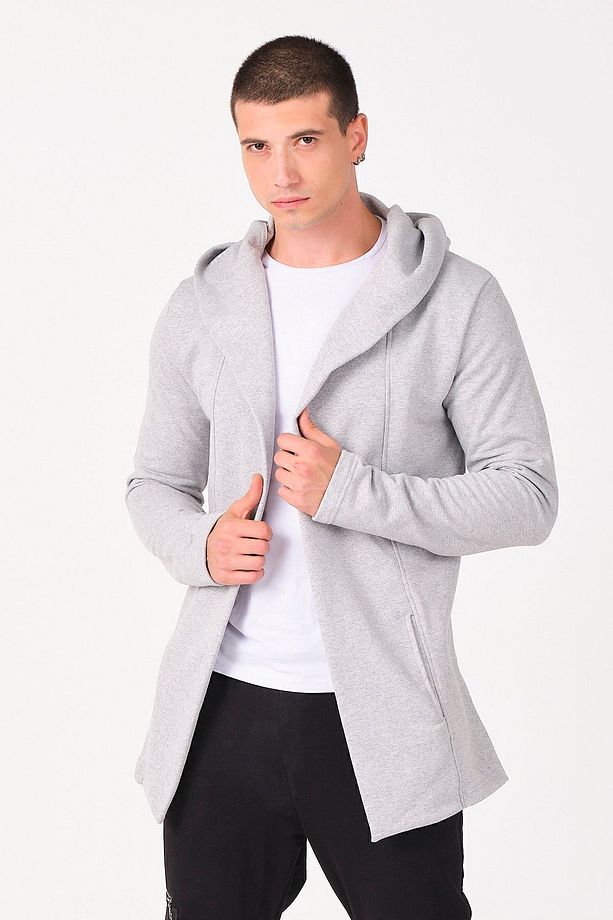 Erkek Gri Regular Fit Kapüşonlu Uzun Panço Hırka - 1