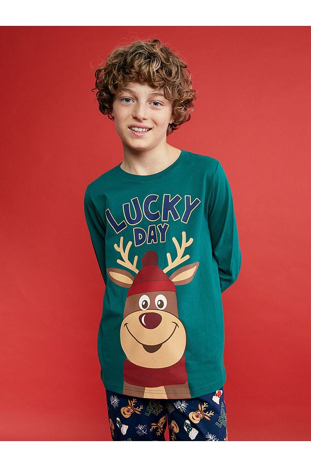 Lcwk Bisiklet Yaka Yılbaşı Temalı Erkek Çocuk Pijama Takımı - 3