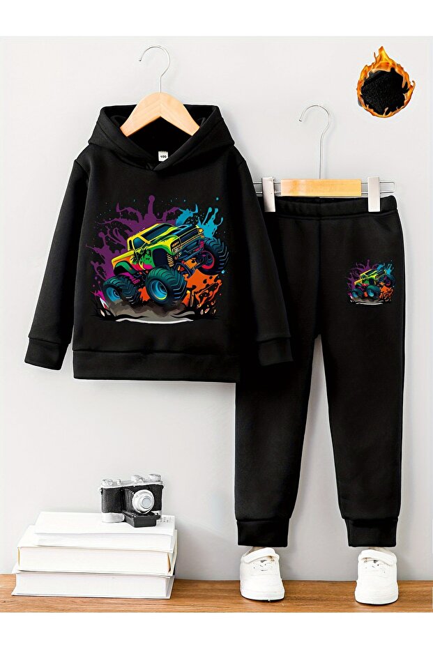 Car Printed Kids Hooded Premium Compact Sweatshirt Tracksuit Set - 2 Piece Sport Set