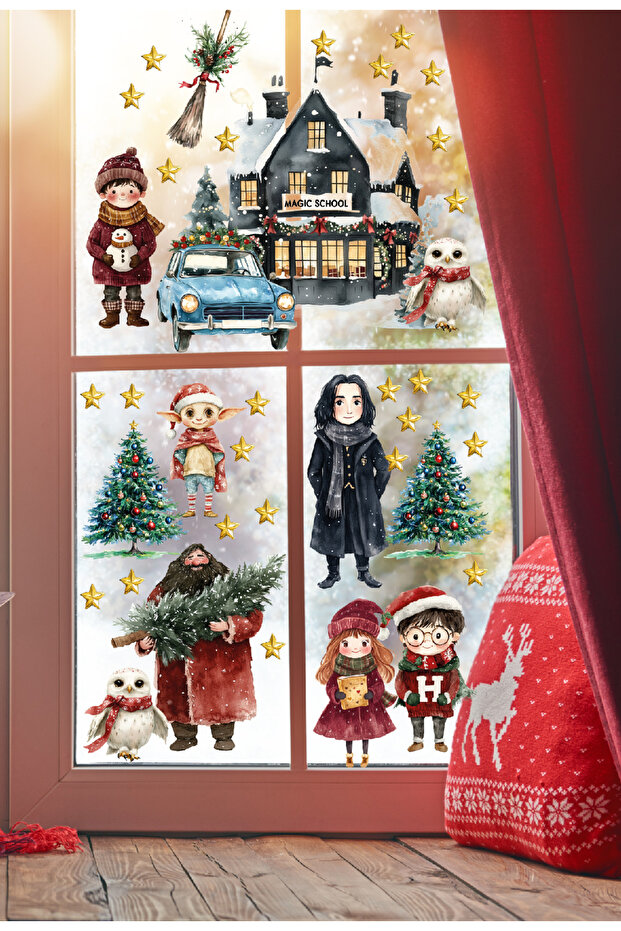 Magician School Christmas Party New Year Theme Glass Wall Decorative Sticker Set