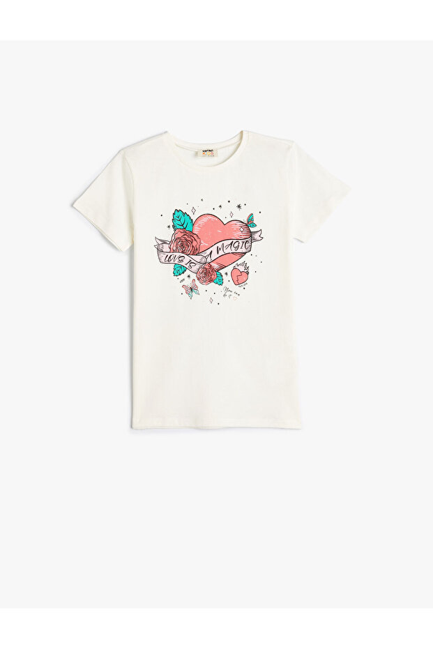 Short Sleeve T-Shirt Heart Glitter Crew Neck Cotton