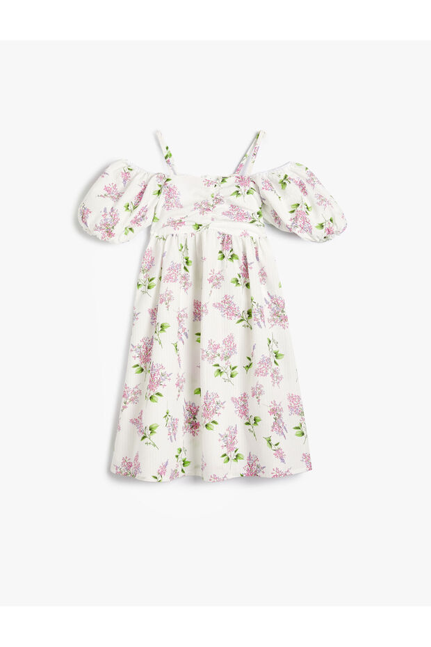 Party Dress, Floral, Off-Shoulder, Strappy, Balloon Sleeves, Cotton