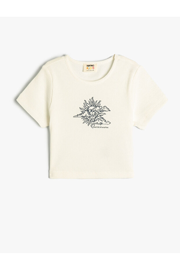 Crop T-shirt Sun Printed Short Sleeve Crew Neck Ribbed