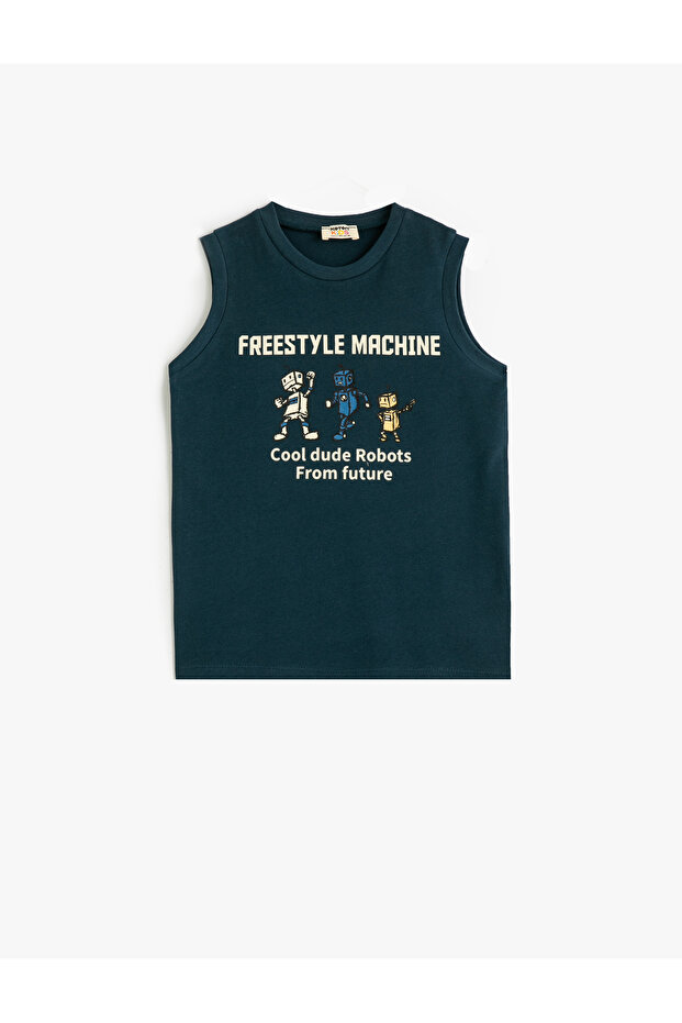 Robot Printed Cotton Tank Top - Sleeveless Crew Neck