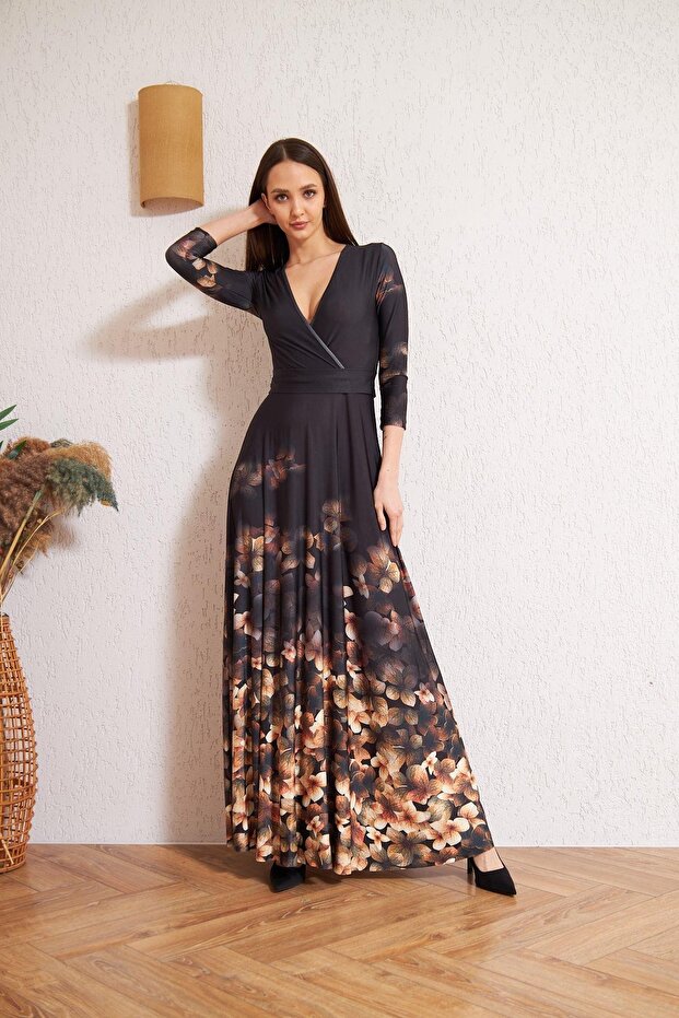 Women's Black Double Breasted Brown Floral Patterned Evening Dress Dm1013