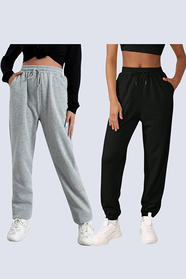 Women's 2-Piece Black-Gray Loose Jogger Sweatpants Er0085