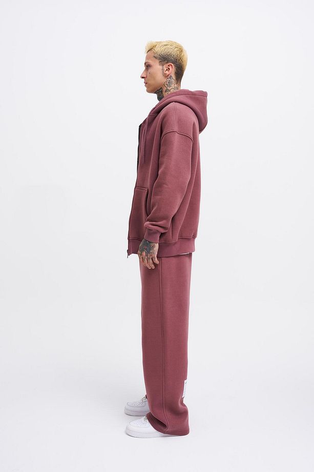 Erkek Basic Fermuarlı Cepli Kapüşonlu Oversize Mürdüm Sweatshirt - 7