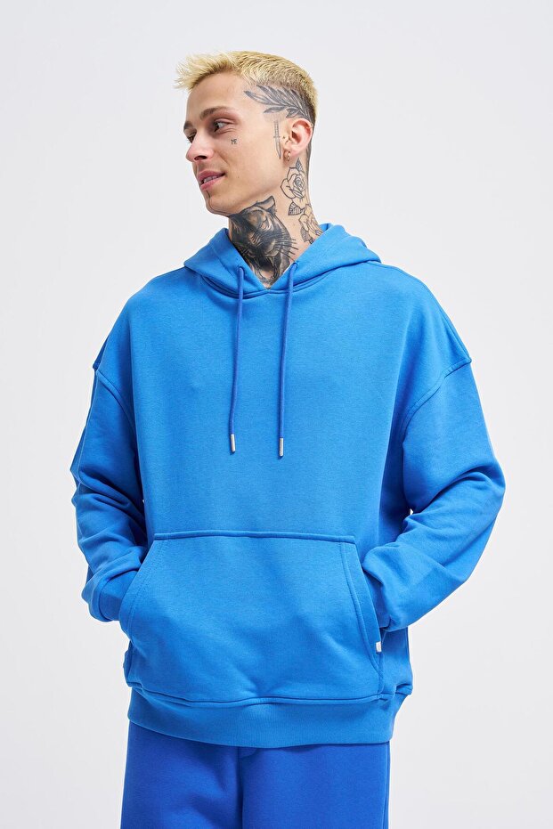 Erkek Kapüşonlu Oversize Saks Sweatshirt - 1