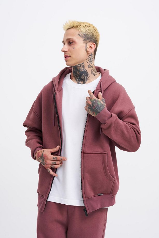 Erkek Basic Fermuarlı Cepli Kapüşonlu Oversize Mürdüm Sweatshirt - 5