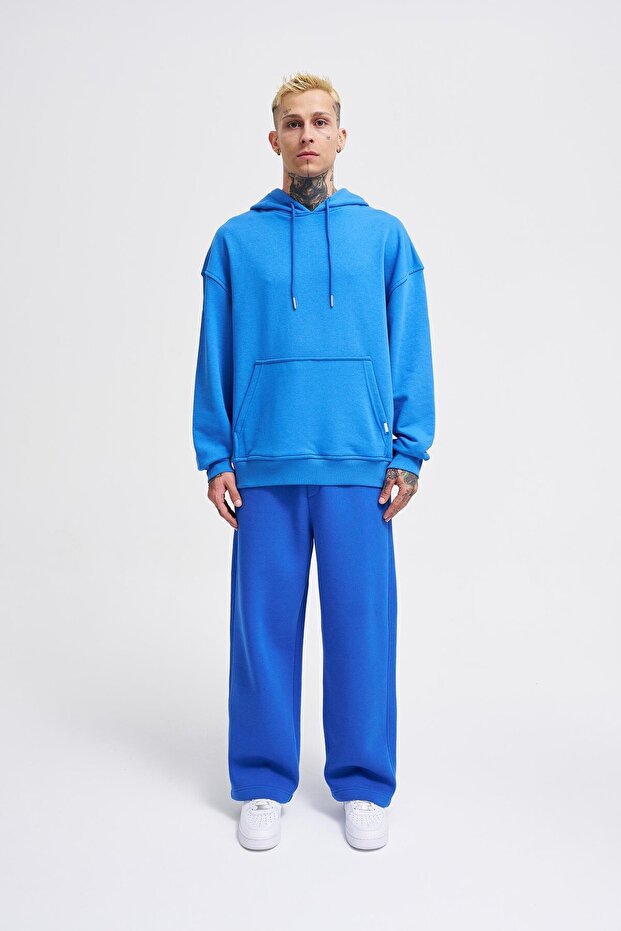 Erkek Kapüşonlu Oversize Saks Sweatshirt - 5