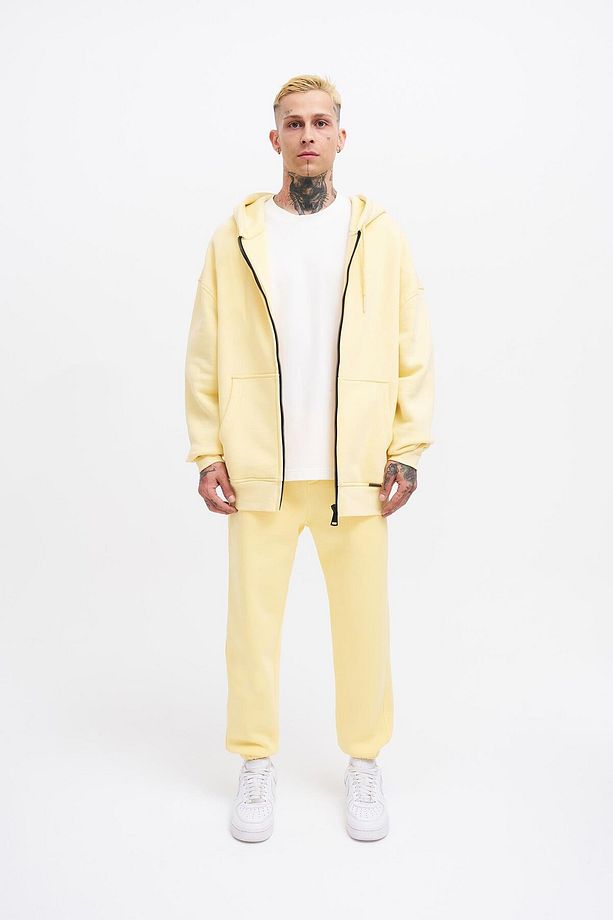 Erkek Basic Fermuarlı Cepli Kapüşonlu Oversize Sarı Sweatshirt - 5