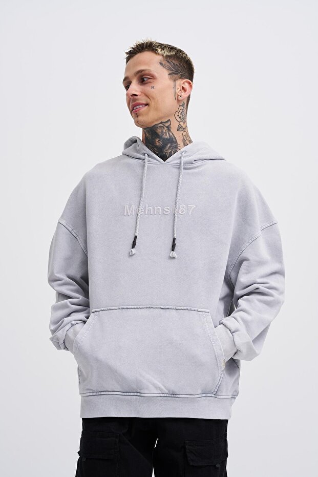 Men's Washed Embroidered Hooded Oversize Anthracite Sweatshirt