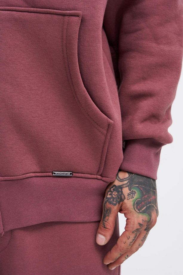 Erkek Basic Fermuarlı Cepli Kapüşonlu Oversize Mürdüm Sweatshirt - 4