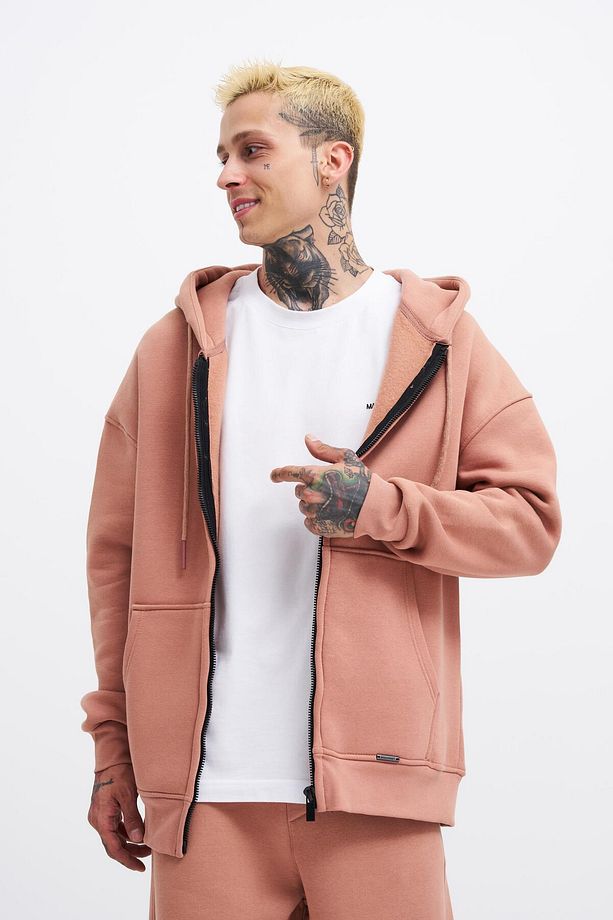 Erkek Basic Fermuarlı Cepli Kapüşonlu Oversize Bakır Sweatshirt - 2