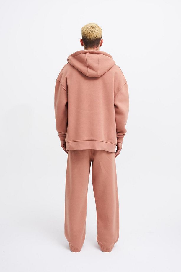 Erkek Basic Fermuarlı Cepli Kapüşonlu Oversize Bakır Sweatshirt - 7