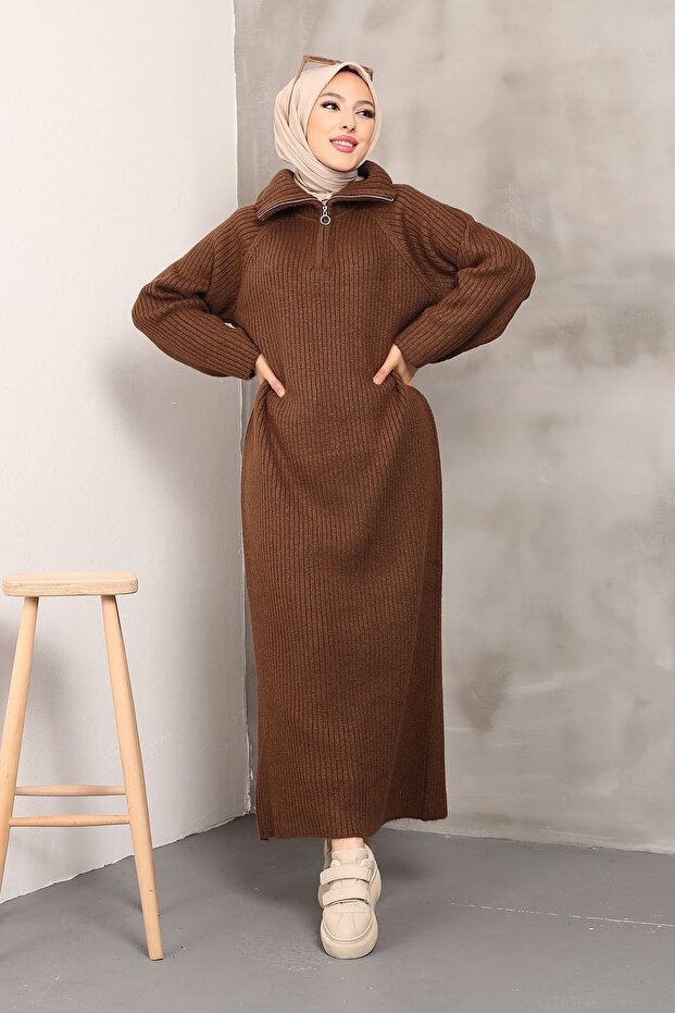 Brown Collar Zippered Knitwear Dress