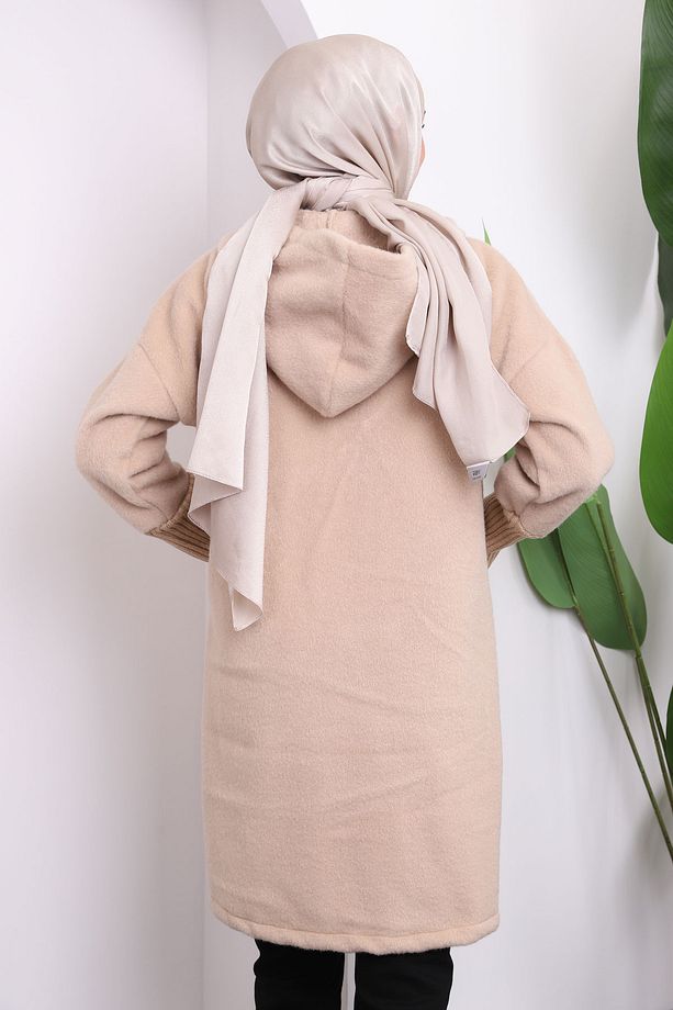 Bej Angora Kapüşonlu Kaban - 4