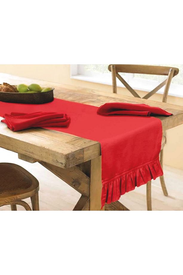 Kırmızı Fırfırlı Runner 40 x 140 cm Yumuşak Tuşeli ,Kadife Görünümlü, Bohem, İskandinav, Yılbaşı - 2