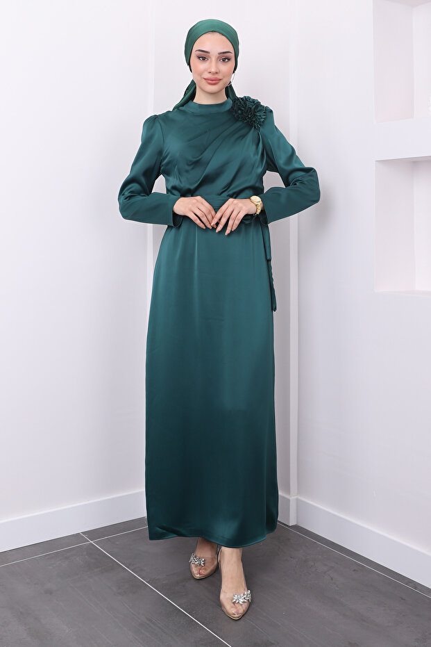 Emerald Green Satin Evening Dress with Front Detail