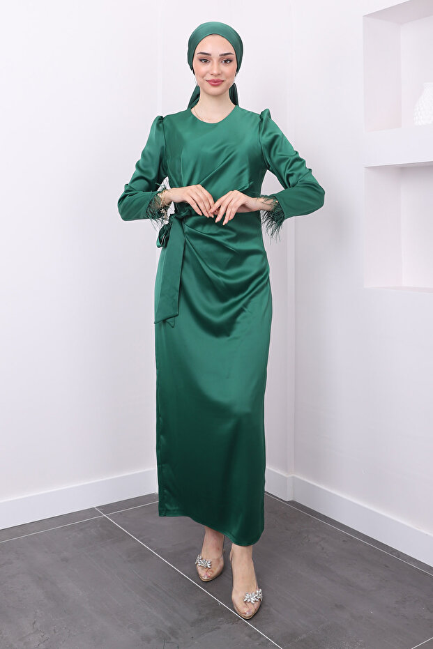 Emerald Green Satin Evening Dress with Feathered Sleeves and Side Details