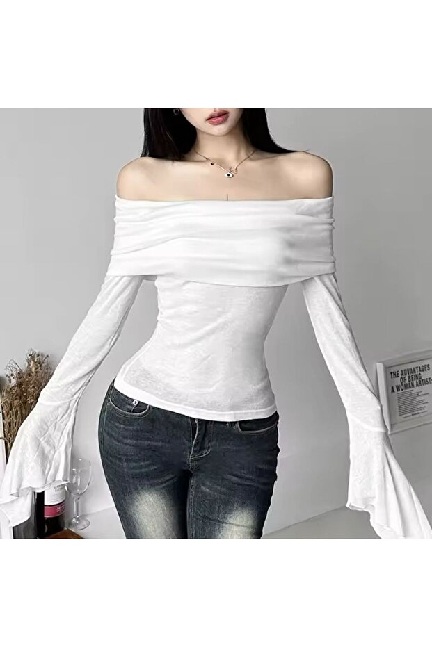 Boat Neck Basic Spanish Sle Long Sleeve Blouse