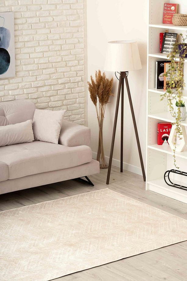 Retro Desenli Yıkanabilir Kaymaz Taban Bej Krem Şönil Antre Halısı 4095 - 7