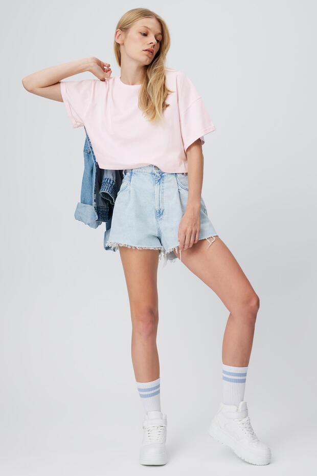 Kol Katlamalı Basic Crop T-shirt - 4