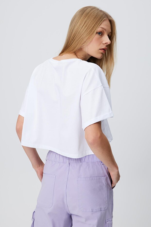 Kol Katlamalı Basic Crop T-shirt - 2