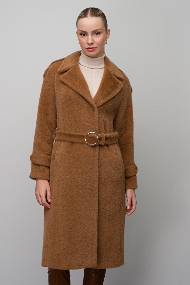 Angora Look Coat with Snap Closure Epaulettes and Chain Accessories Taba 3074