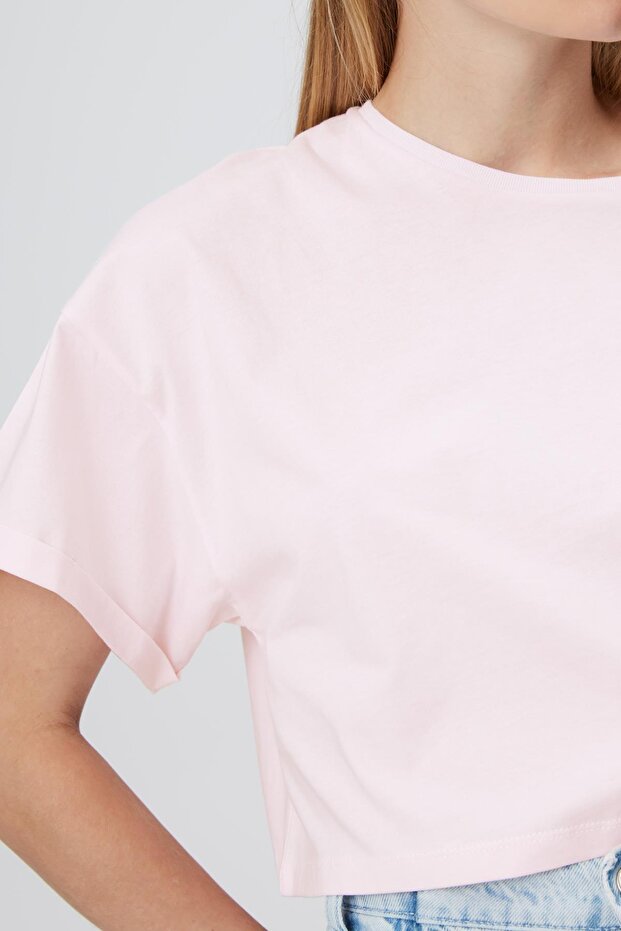 Kol Katlamalı Basic Crop T-shirt - 3