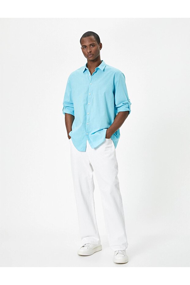 4sam60054hw 681 Turquoise Men's Cotton Woven Long Sleeve Shirt