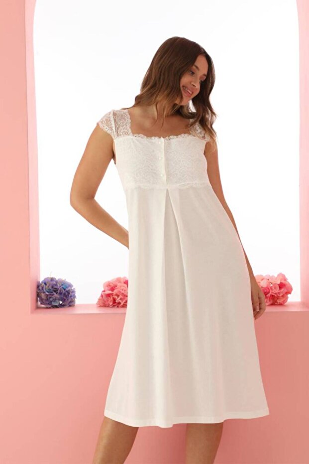 ADA TEKS Ekru Dantelli Gecelik Sabahlık Takımı - 2