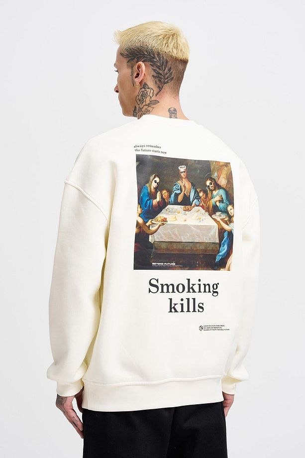 Erkek Smoking Kill Baskılı Oversize Ekru Sweatshirt - 1